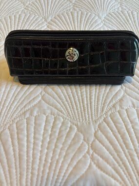 Brighton Black Croc-Embossed Zip  makeup/jewelry Case with Silver Button Accent